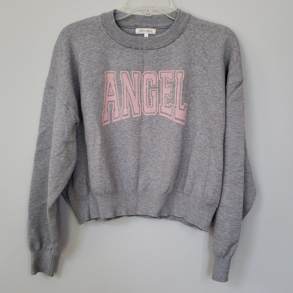 Stella Tweed Sweater Womens L Angel Spell Out Varsity Cropped Collegiate Top